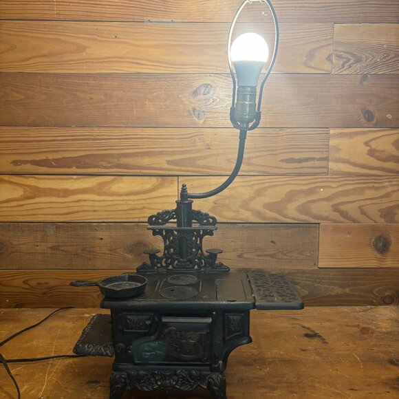 Antique Cast Iron Stove Lamp - Picture 2 of 10